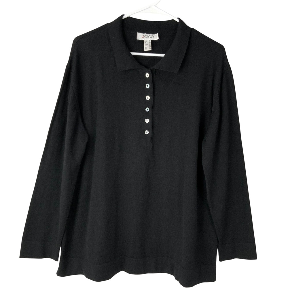 Gelco Black Knit Polo Sweater 24 Button Up Collared Long Sleeve Wool Blend